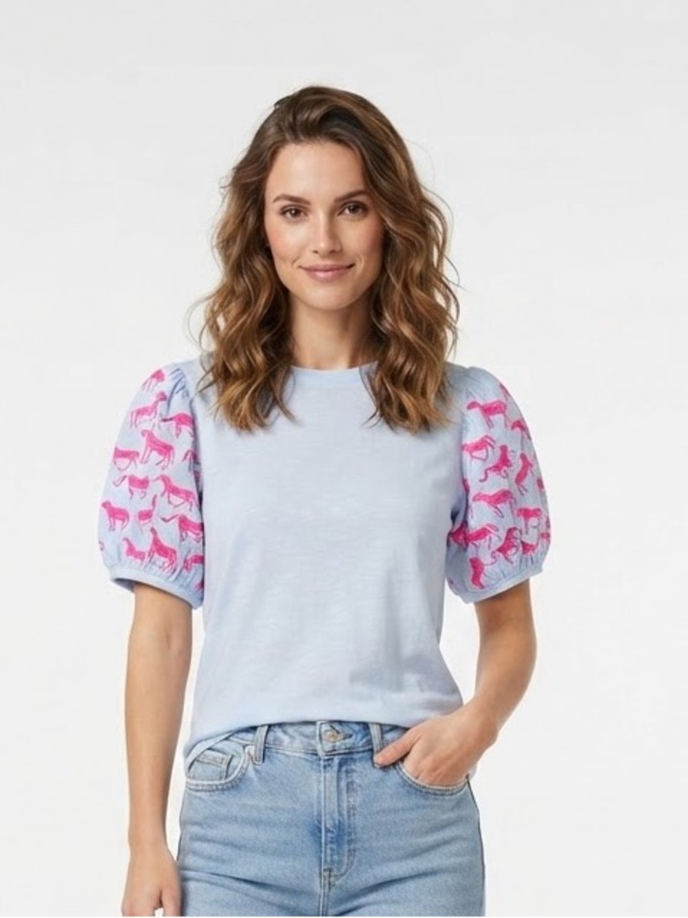 THML Light Blue T-Shirt with Hot Pink Embroidered Horse Puff Sleeves - Size XS